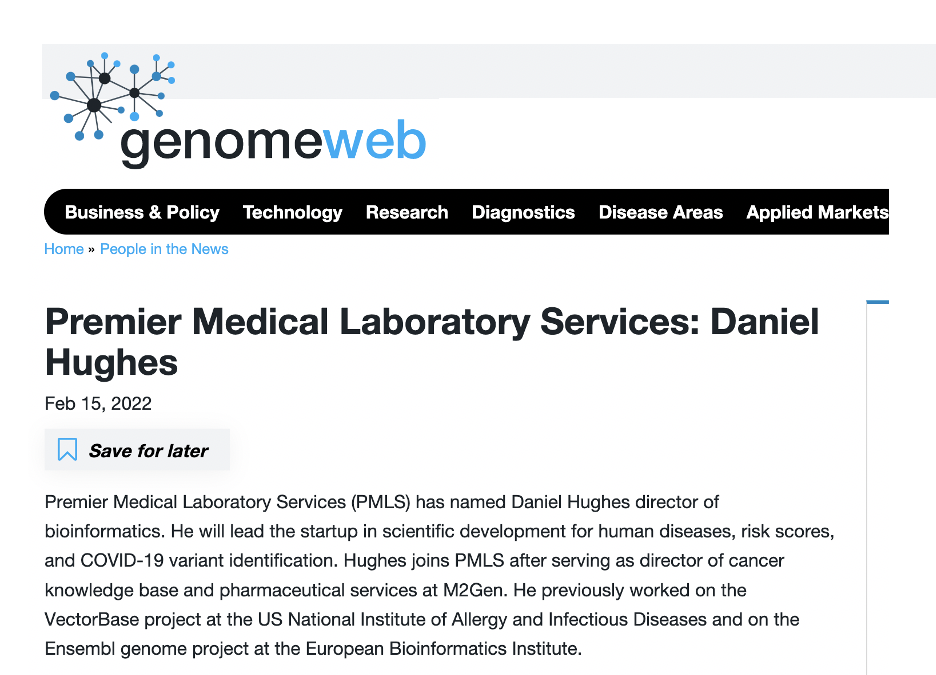 Premier Medical Laboratory Services: Daniel Hughes – Featured on GenomeWeb