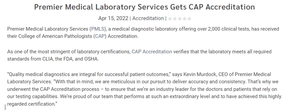 Premier Medical Laboratory gets CAP Accreditation by CLP