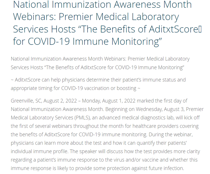 Immunization Awareness Webinars hosted by Premier Medical featured on BioSpace