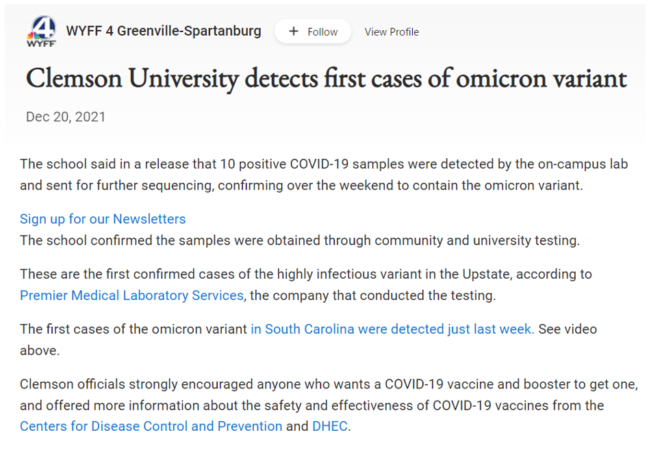 WYFF 4 Greenville Reports Clemson Finding First Omicron Variant